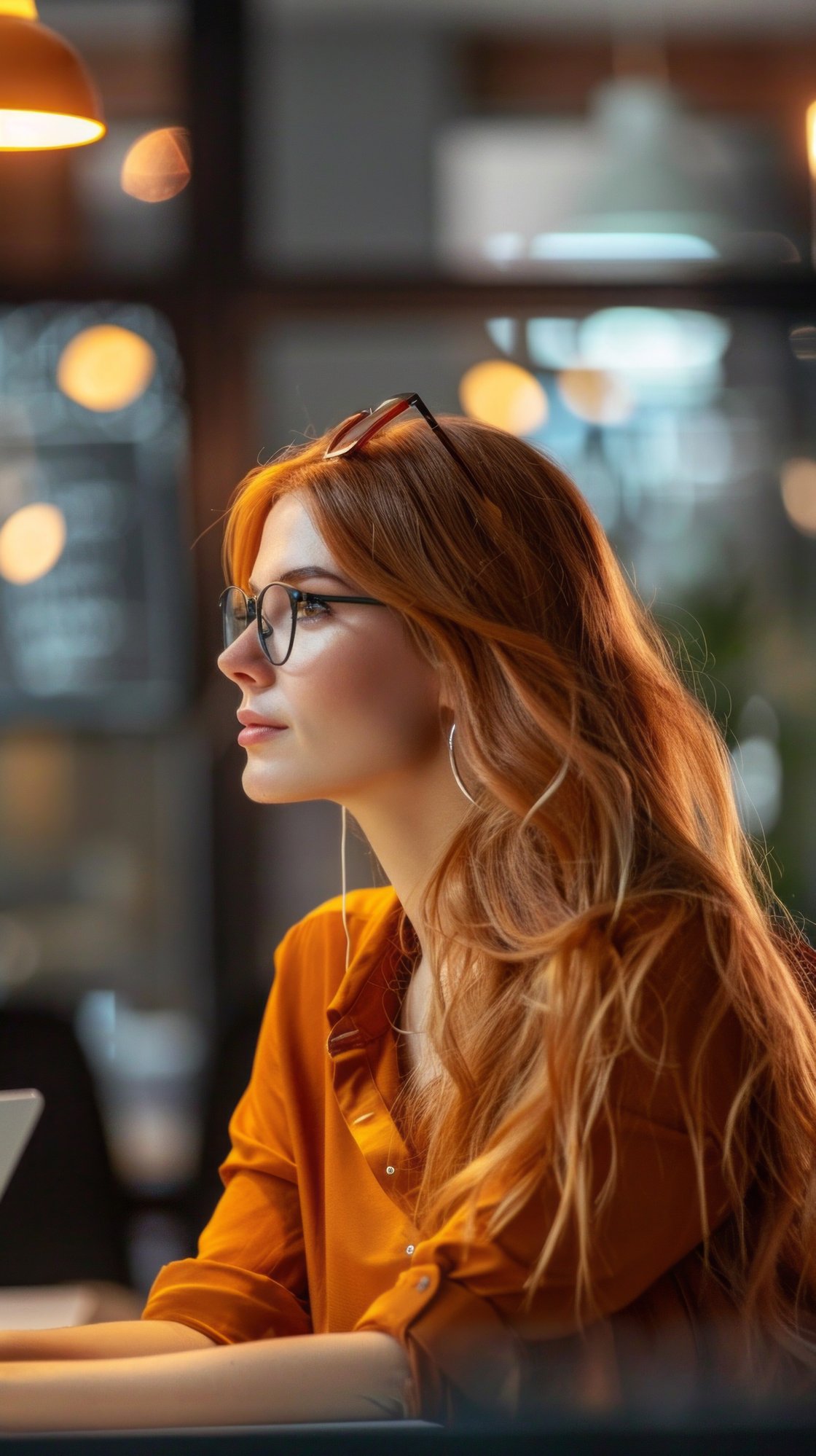 woman-with-long-red-hair-glasses-sits-coffee-shop-lost-thought-warm-light-casts-golden-glow-her-face-creating-sense-intimacy-tranquility